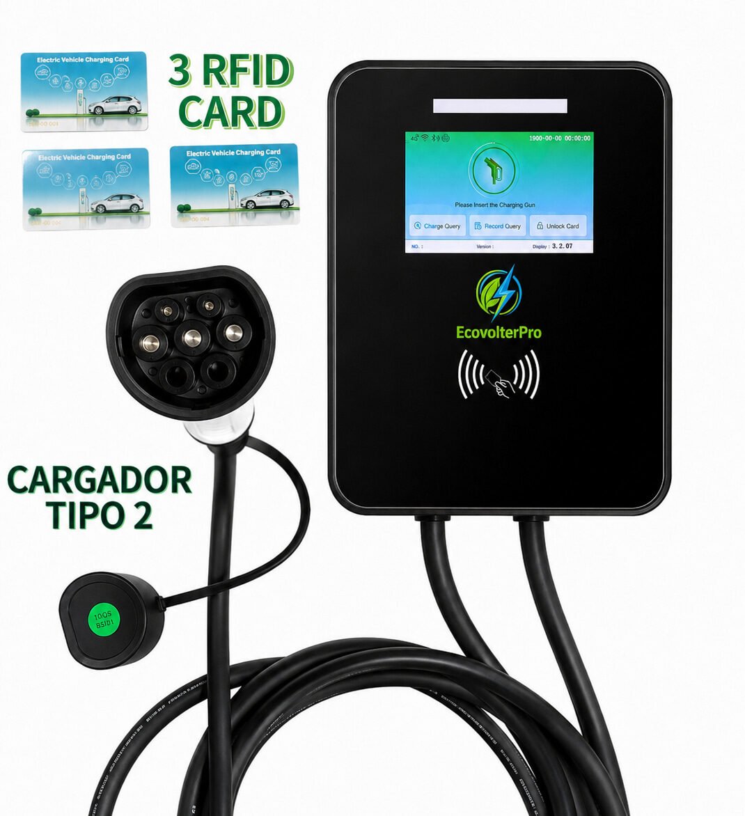 Kit cargador Wallbox 7.4kW 32A con 3 tarjetas RFID y conector Tipo 2 EcovolterPro